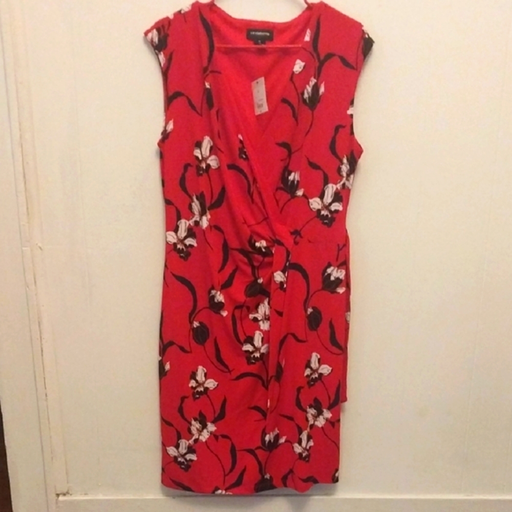 Liz Claiborne Red V-Neck Sheath Dress Sleeveless Midi